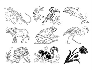 animal, bird, and flower black vector bundle