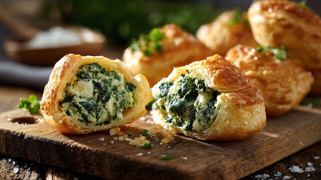 Golden cheese puffs sliced and filled with creamy spinach and ricotta mixture, vibrant green filling visible, rustic Mediterranean kitchen setting, bright natural light