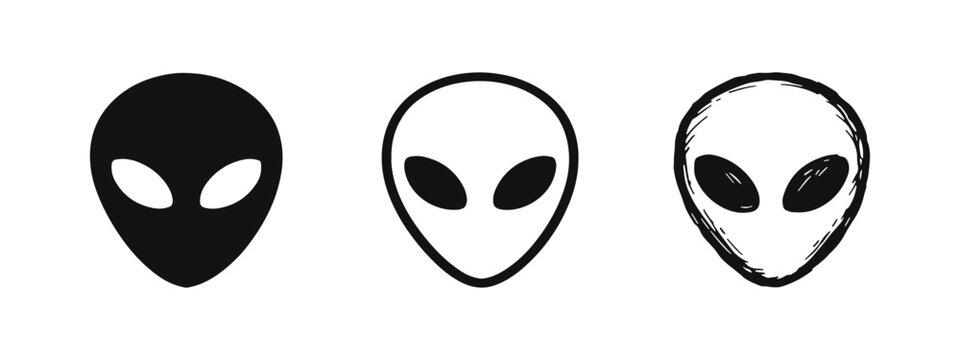 Alien Head Icon Set: Extraterrestrial Face in Glyph, Outline, and Hand-Drawn Styles for Sci-Fi and UFO