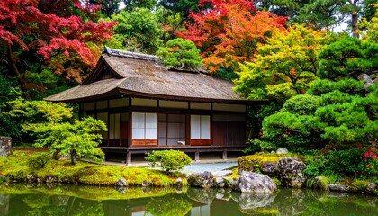 Idyllic Japanese house. Pond reflections and colorful fall foliage surround the traditional architecture