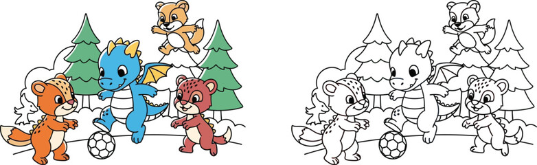 Fototapeta premium Cute Cartoon Animals Playing Soccer in a Forest Baby Dragon and Squirrels Coloring Page