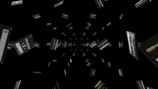black retro audio cassette tapes flying linearly towards the camera.