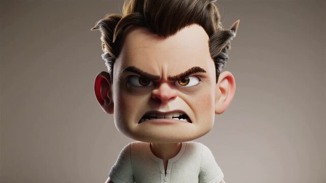 An angry cartoon character with furrowed brow and frowning face is depicted in a 3D illustration, showcasing emotions, cartoon style, and facial expression.