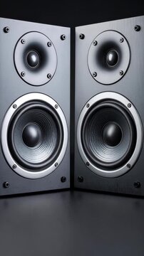 Pair of high fidelity black bookshelf speakers featuring silver woofer accents on a dark minimalist background