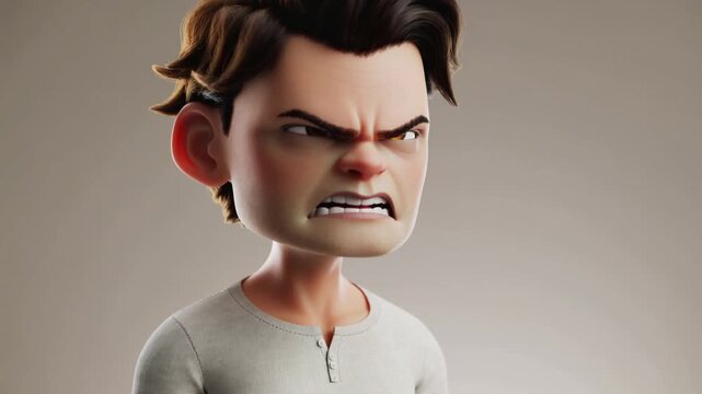 An angry cartoon man with furrowed brow and frowning face is depicted in a 3D illustration angry cartoon-21.mp4