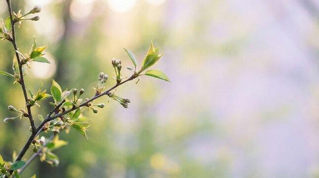 Spring tree branch with green buds and leaves on blurred bokeh background