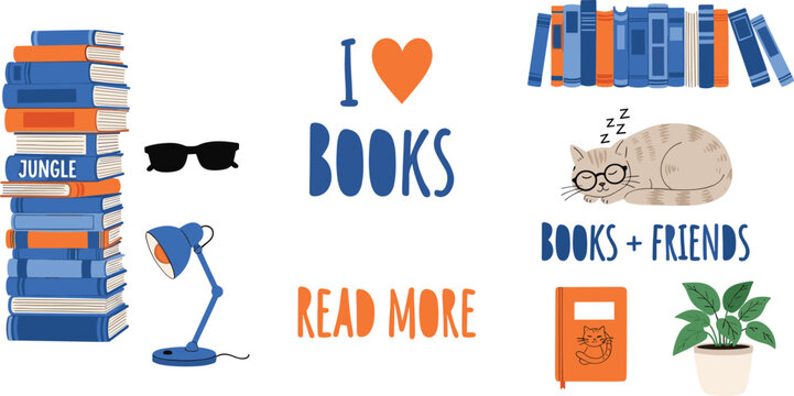 Set of book lover elements with stacks of books reading cat and quotes