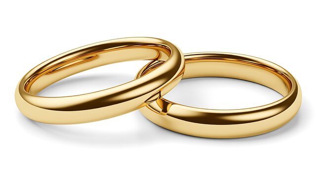 A pair of interlocking gold wedding rings on a white background.