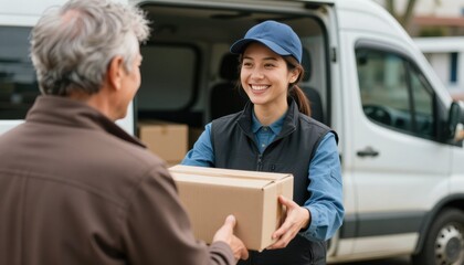 Delivery service interaction smiling courier handover at residential location package delivery daytime friendly atmosphere