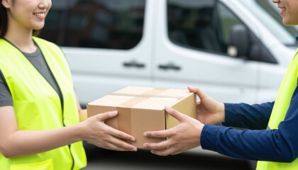 Package delivery event between two couriers urban setting business context outdoor environment close-up view logistics concept for seo impact