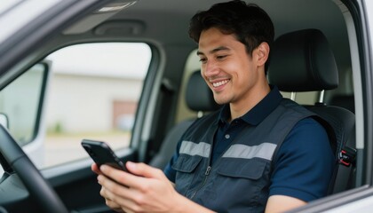 Mobile communication in transport engaging young professional in vehicle urban setting candid shot