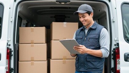 Delivery service employee utilizing tablet to manage shipments warehouse digital content indoor environment close-up view efficient logistics