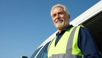 Friendly male worker in safety vest smiling by delivery van under clear blue sky