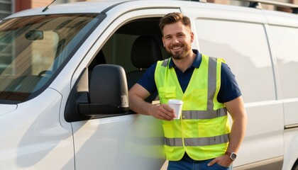 Construction worker smiling next to van urban construction site portrait image daytime positive attitude