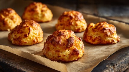Fototapeta premium Rustic gougeres made with sharp smoked cheddar and a touch of sweet paprika, slightly darker golden hue, crisp exterior with subtle smoky aroma implied