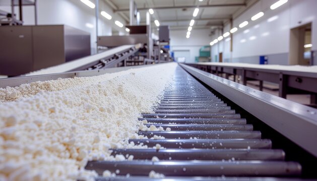 Refined Sugar Flowing into Packaging मशीनery in Food Ingredient Plant