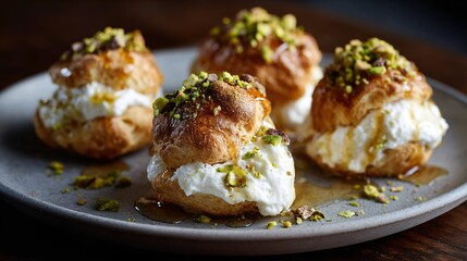 Fototapeta premium Savory gougeres split and filled with whipped goat cheese, lightly drizzled with golden honey, topped with crushed pistachios, plated on matte stoneware, soft romantic lighting