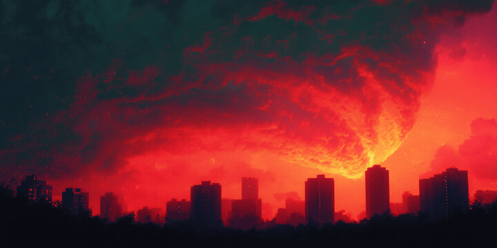 Meteor shower over city skyline at night with fiery asteroids in dramatic sky for disaster concepts, sci fi posters and climate awareness campaigns