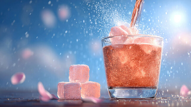 Refreshing cocktail with ice cubes and a splash of liquid against a blue sky. A beautiful cocktail is poured into a glass with ice cubes, creating a refreshing and visually appealing drink