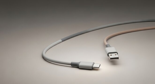 White USB cable connected to iPhone charger on neutral background minimal tech setup