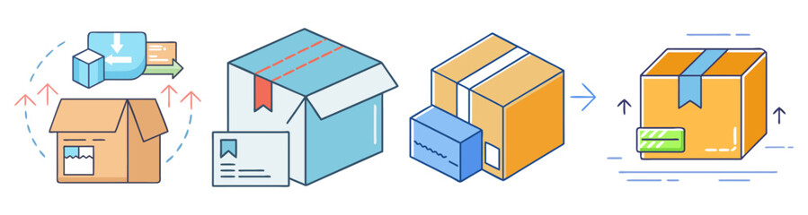 Logistics and Delivery Process Icons: Package Tracking, Shipping Steps, and Storage, Flat Design Vector Illustration