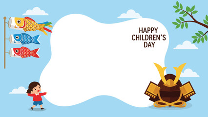 Happy Children's Day card with colorful carp streamers, a traditional samurai helmet, and a young girl on a blue background.