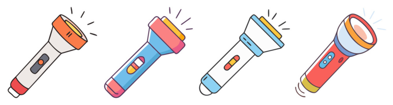 Set of four colorful flashlights shining bright vector illustration, flat design icon pack for apps and web