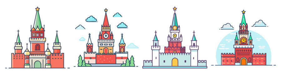 Naklejka premium Russian Kremlin architecture icon pack flat design vector illustration set with towers and domes in winter landscape