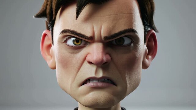 An angry cartoon man with a furrowed brow and frowning face is depicted in a 3D illustration, showing frustration and displeasure.