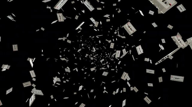 white retro audio cassette tapes flying chaotically towards the camera.