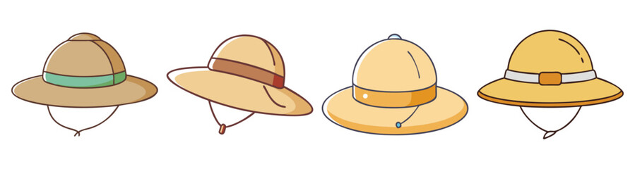 Fototapeta premium Set of four colorful safari hats flat design vector illustration isolated on white background