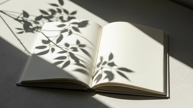 A leafy branch's shadow falls across the pages of an open book on a surface