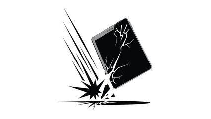 Black tablet device falling and smashing onto the floor with a large crack across the screen symbolizing accidental damage and impact.