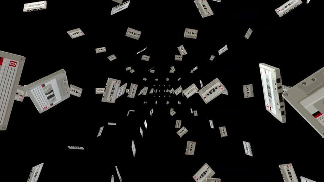 white retro audio cassette tapes flying linearly towards the camera.