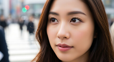 Fototapeta premium Beautiful young female tourist walking and sightseeing on a crowded street in Europe. Photorealistic portrait.