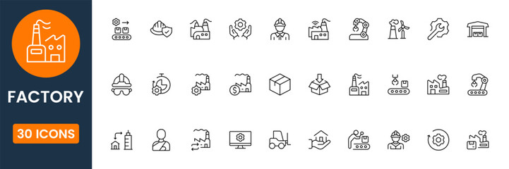 Fototapeta premium Modern factory icon set vector collection with industrial plant, manufacturing process and production symbols flat design