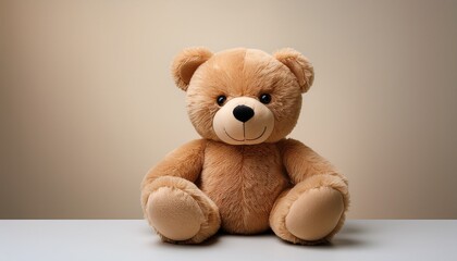 Obraz premium soft light brown teddy bear with black eyes and stitched smile sitting on plain background evoking warmth and comfort in minimalist style