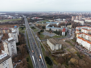 Fototapeta premium Drone view of Belgrade city, New Belgrade district.