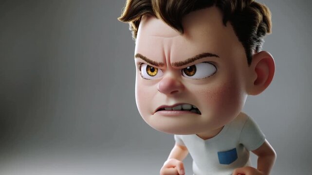 An angry cartoon boy with a furious expression is depicted in a 3D animated scene