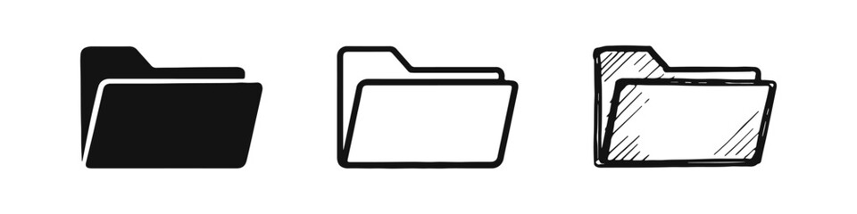 Collection of folder icons in three distinct styles: solid, outline, and hand-drawn doodle.