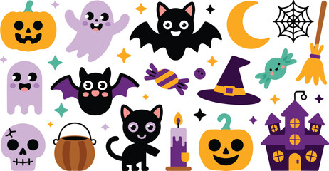Fototapeta premium Collection of colorful Halloween icons and characters
