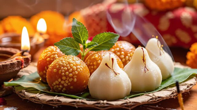 Traditional Indian Desserts Laddu and Modak arranged on banana leaf with lit diyas and marigold flowers during festival celebration warm festive lighting soft focus background wooden table