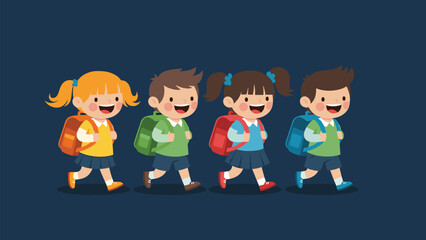 Group of four happy children with colorful backpacks walking together in a row against a dark blue background for school themes.