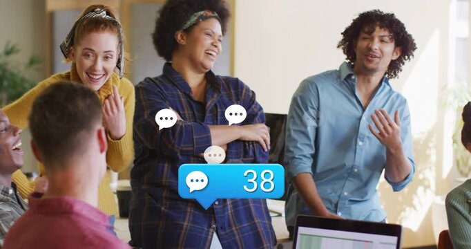 Three coworkers reacting as chatbox appearing counts climbing to 95 marketing tracking laptop chart