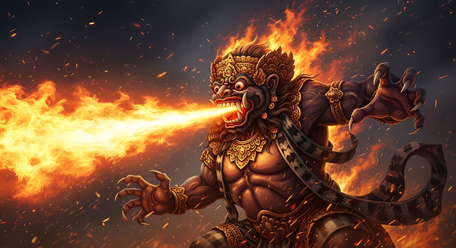 An intense illustration of a mythical Ogoh-Ogoh demon breathing fire, featuring intricate Balinese ornaments and a fierce expression. The fiery atmosphere emphasizes ritual symbolism, fantasy story