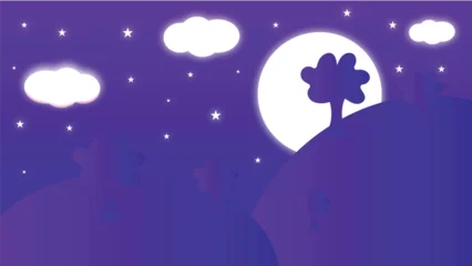 Fototapete Warmes Lila Landscape with Moon Art Style, Minimal Night Nature Scene Illustration, Mountains and Sky Outline Artwork  © jrgraphic_hunt