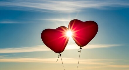 Fototapeta premium Two red heart-shaped balloons silhouetted against the brilliant sun during a beautiful golden hour sky