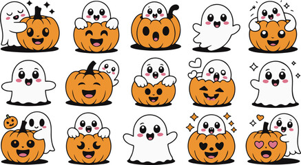 Obraz premium Cute Halloween Ghosts And Pumpkins Collection spooky