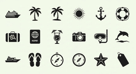 Collection of travel and vacation themed icons in black and white style for design. © Plus