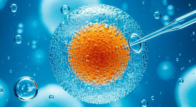 Large orange cell being precisely manipulated by a micropipette during an advanced in vitro fertilization procedure